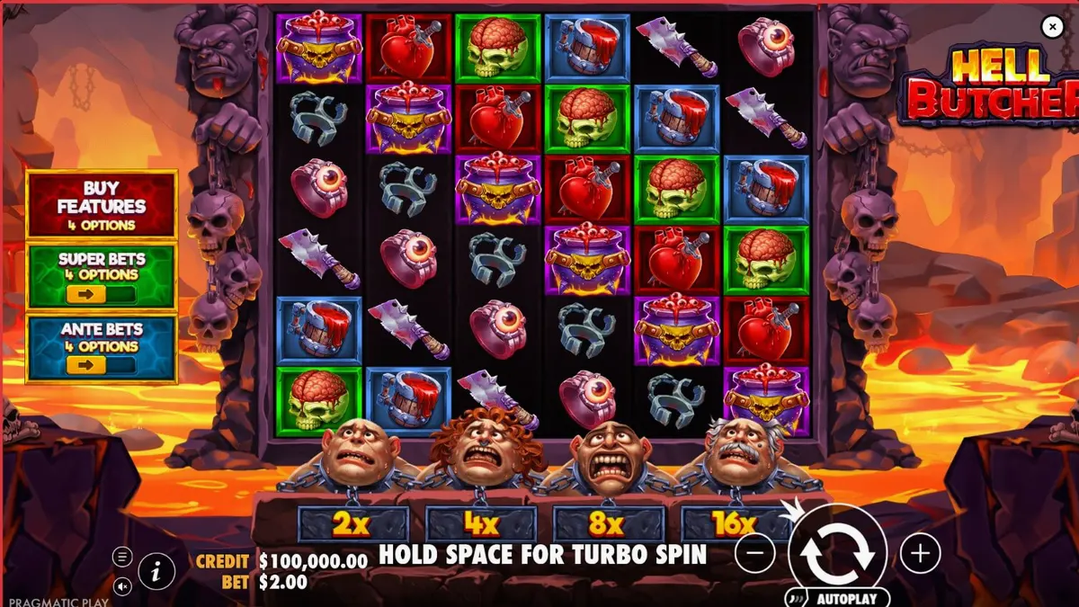 Hell Butcher slot game interface featuring dark horror theme and demonic kitchen elements